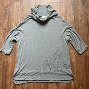 Zenergy Chico's Tunic‎ Top 3/4 Sleeve Cowl Neck Floral Embroidered Gray 3 US XL